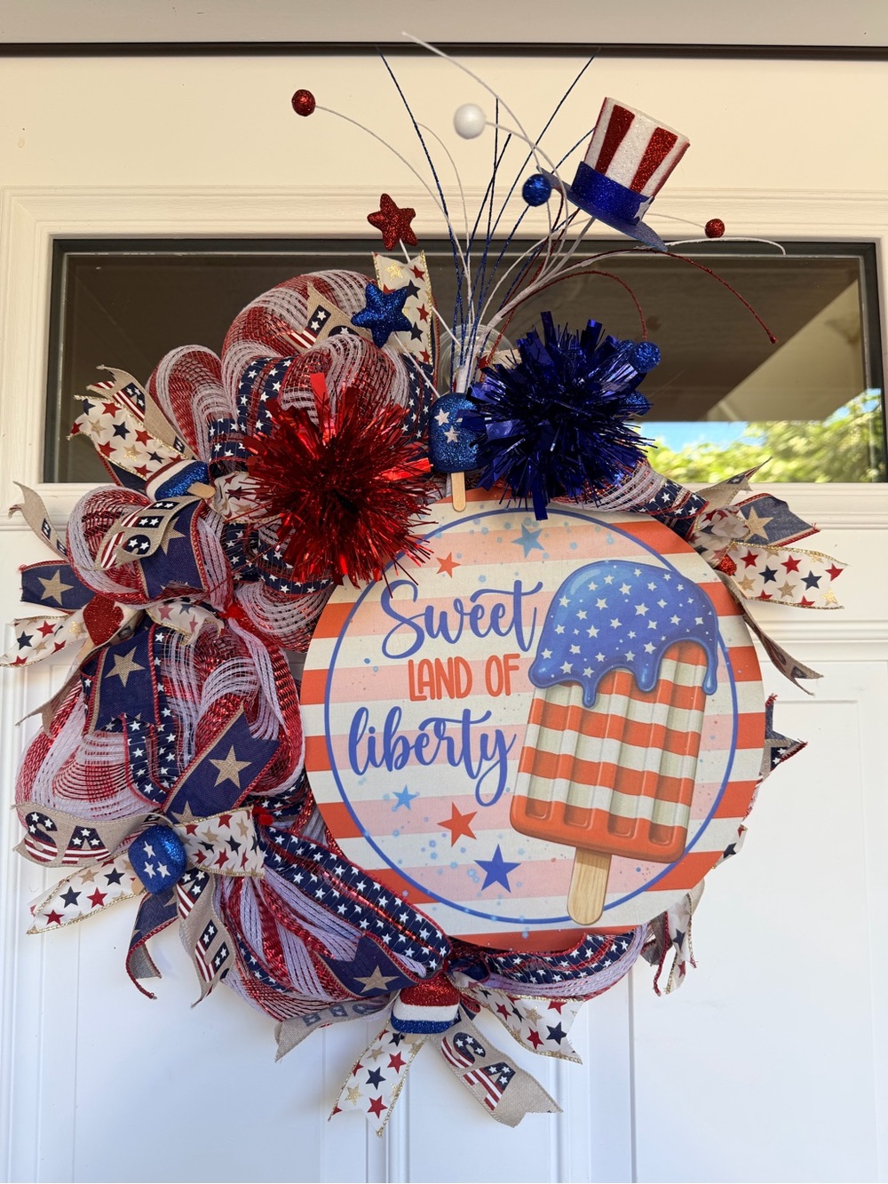 Patriotic "Sweet Land of Liberty" Wreath with Stars & Stripes Popsicle